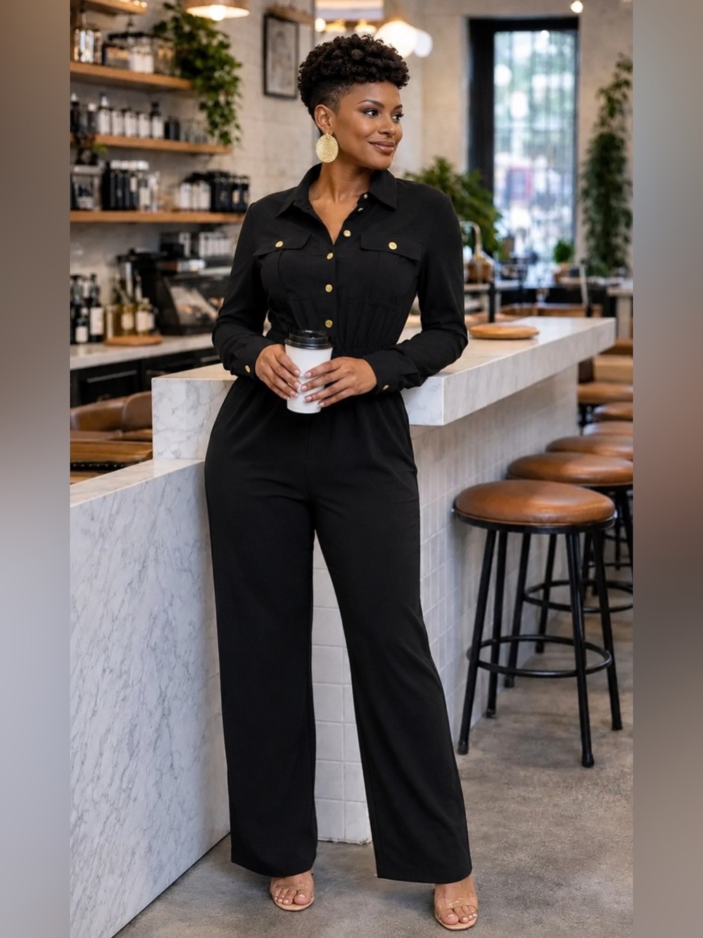 Classic Black Long-Sleeve Utility Jumpsuit